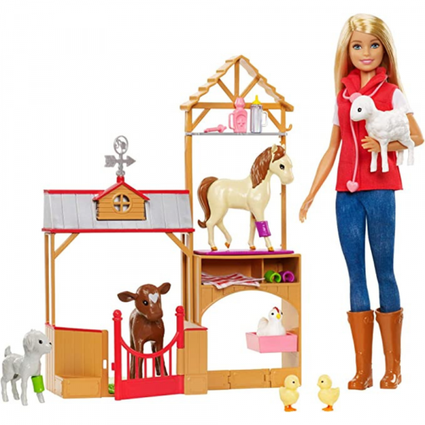 Barbie Sweet Orchard Farm Doll Playset, Brunette with Barn Frame, 7 Animals & 10 Acceessories