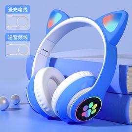 Foldable Cute Cat Ear Headset LED Lights Glowing Headphones Earphone Universal | Color Blue 