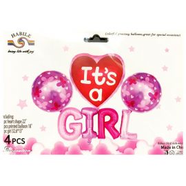 4 Pcs Baby Shower Foil Balloon Set - It's a Girl Foil Set - Pink Baby Girl Theme