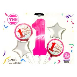5 Pcs 1st First Birthday Girl Foil Balloon Set - Pink Number 1 Foil Set