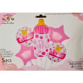 5 Pcs Baby Shower Foil Balloon Set - It's a Girl Foil Set - Pink Baby Girl Theme