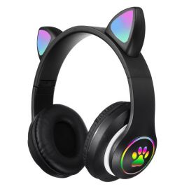 Foldable Cute Cat Ear Headset LED Lights Glowing Headphones Earphone Universal | Color Black 