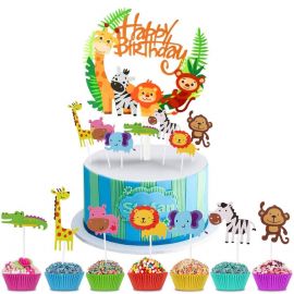 7 Pcs Safari Animal Jungle Wildlife Cake Cupcake Toppers - Happy Birthday Baby Shower Cake Decorations