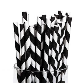 25 Pcs Stripe Paper Straws Pack - Color Paper Drinking Straws for Parties, Wedding - Black