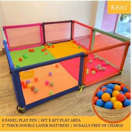 Kemi Baby Play Pen with 2" Mattress | 8 Panel Play Pen with 50 Balls | Baby Safety First | High Quality